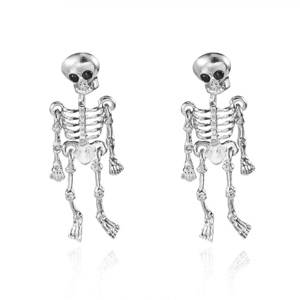 Vintage Silver Color Metal Skeleton Pendant Drop Earrings Gothic Halloween Skull Dangle Earring Jewelry For Women Men Party Gift