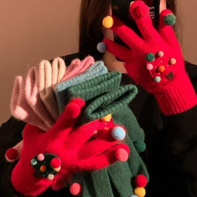 Niedliche Kreative Rote Weihnachtsbaum Strickhandschuhe für Damen Winter Fünffinger Warm Plüsch Winddicht und Kältefest Radfahren Weihnachten