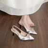 2025 spring and summer new pointed head thin heel French bow high heel single shoes fashion bag head sandals women's summer wear