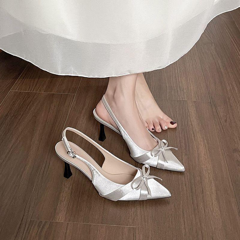 2025 spring and summer new pointed head thin heel French bow high heel single shoes fashion bag head sandals women's summer wear