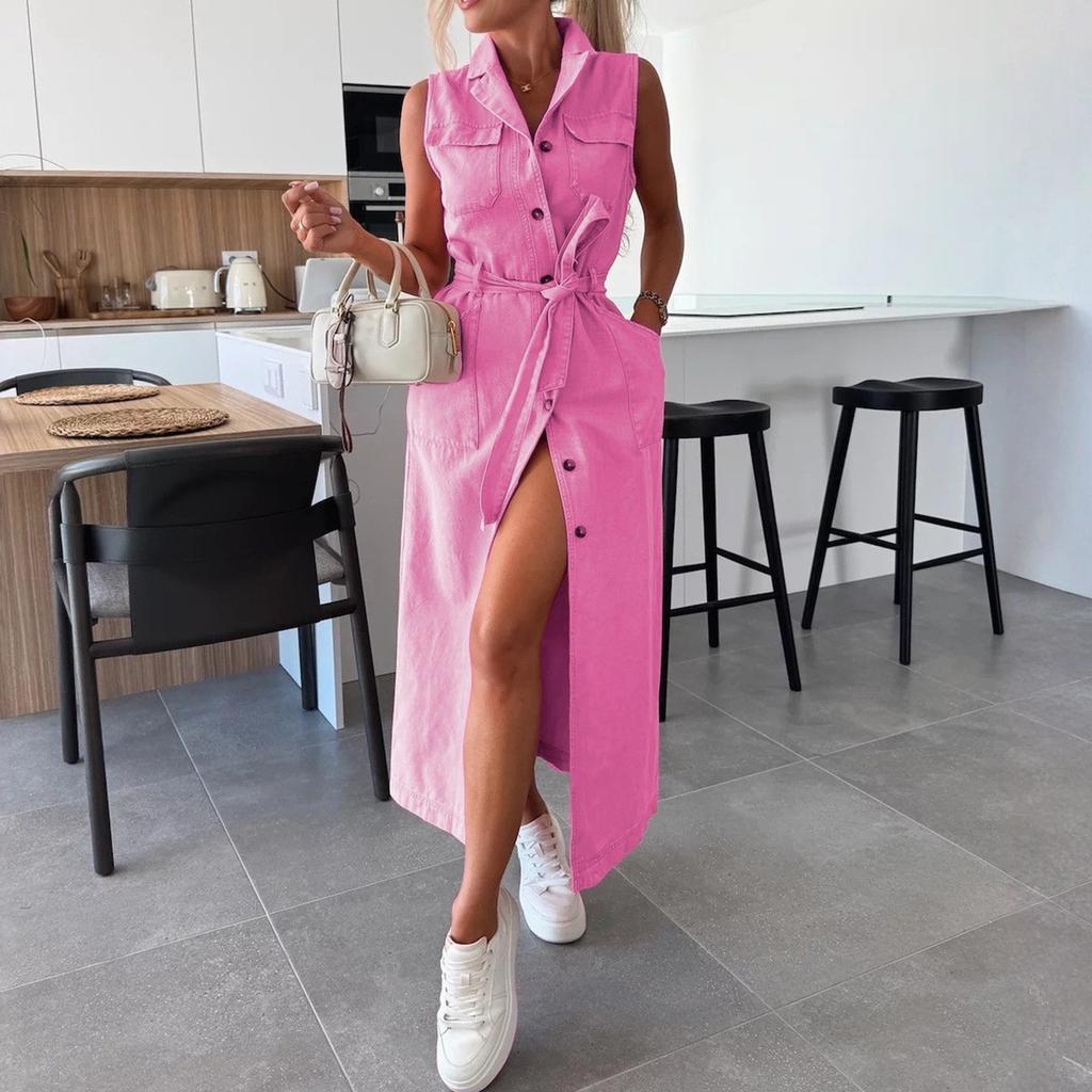 Ladies' Casual And Fashionable Sleeveless Waist Cinched Single Breasted Denim Dress