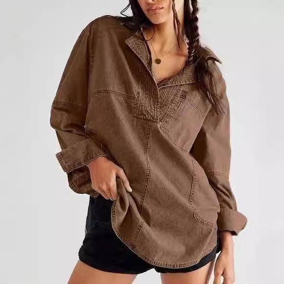 

Модная женская джинсовая рубашка, повседневная блузка на пуговицах с V-образным вырезом, свободного кроя, с длинными рукавами, женские джинсовые блузки и рубашки, топ с карманом XXL коричневый