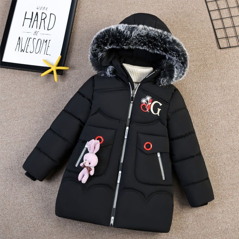 Girls' Winter Clothes Cotton Jacket with Thick Collar Down Cotton Jacket Long Length
