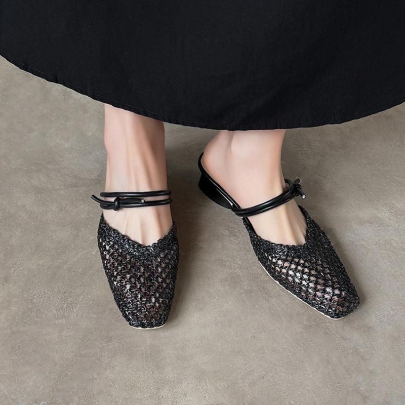 New Weave Women Mid Heels Slippers Summer 2025 Fashion Trend Chunky Pumps Pump Mesh Breathable Flip Flops Slides Women Slippers