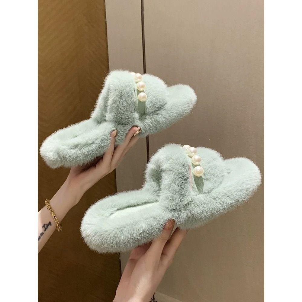 Pearl Fluffy Slippers Women's Outer Wear Spring and Autumn 2025 New Plush Beaded One-word Mop Home Indoor Floor Cotton Mop