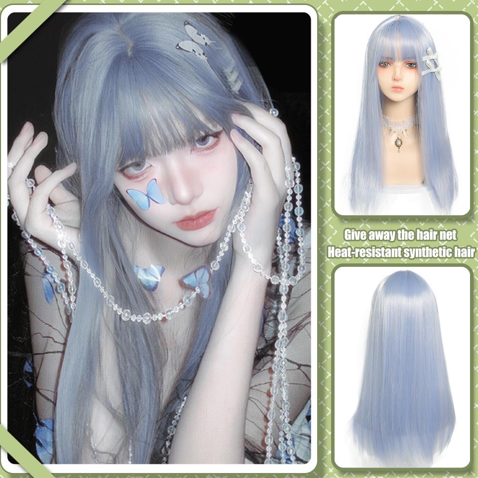 

Серо-голубые длинные прямые волосы синтетический парик женский повседневный парик Лолита прямая челка серо-голубые пушистые длинные прямые парик 60CM