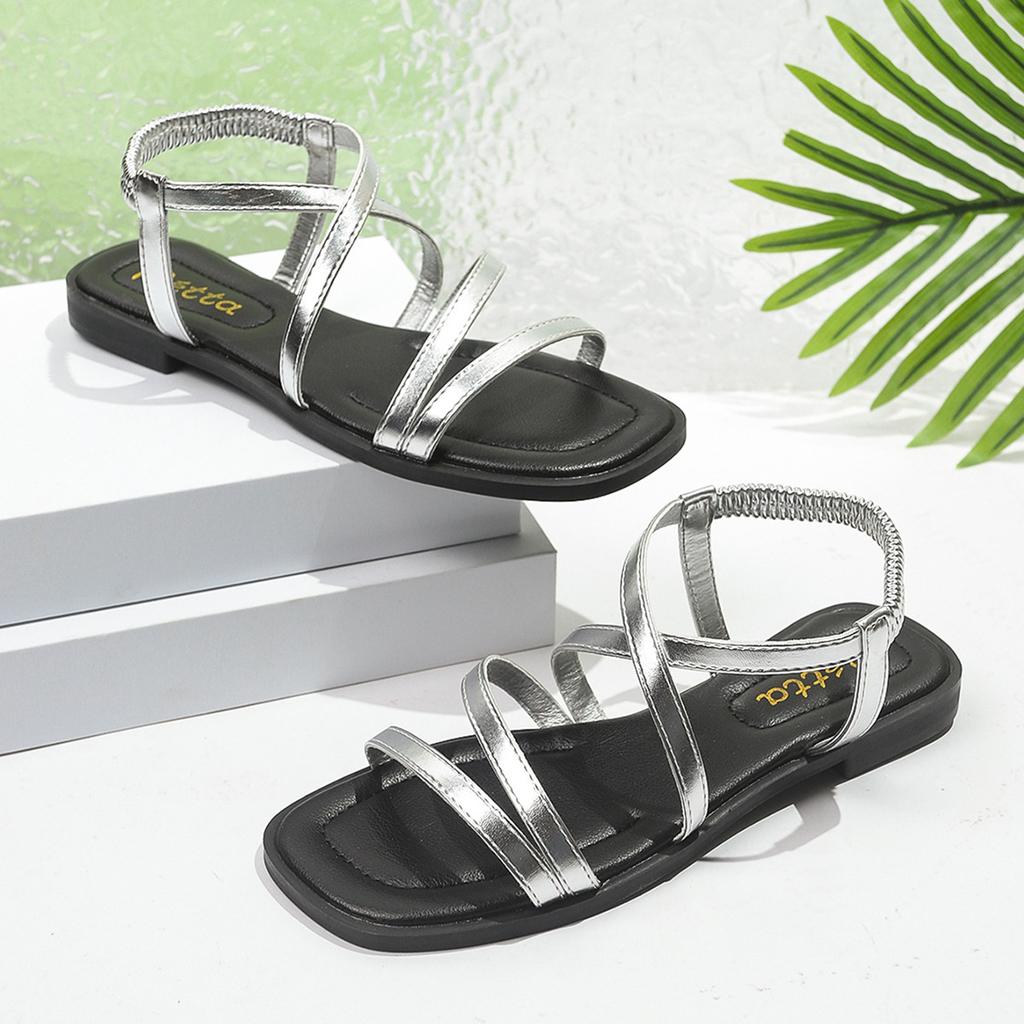 Women's Fashion Roman Gladiator Sandals Flat Cross-Strap Elastic Band Beach Sandals for Wide Feet Plus Size