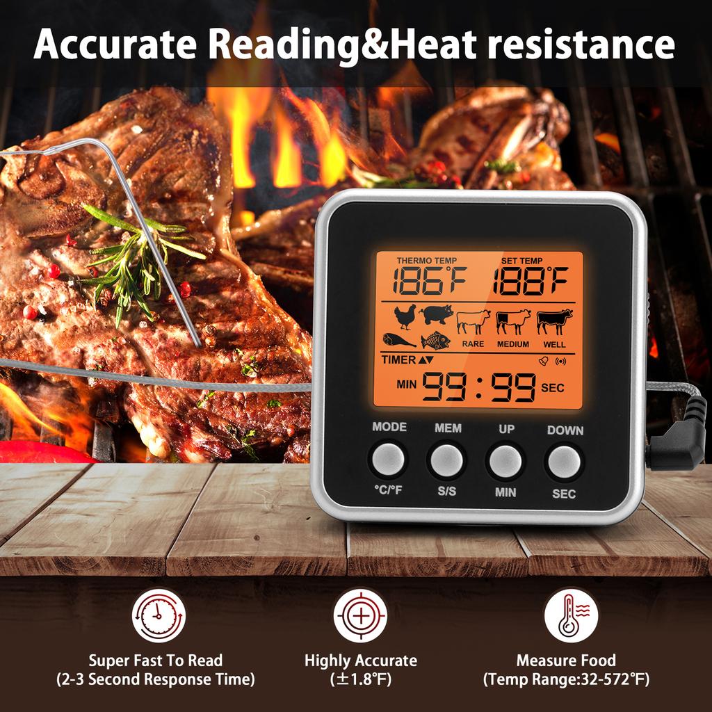 Digitales Fleischthermometer Smoker Süßigkeiten Lebensmittel BBQ Kochthermometer zum Grillen Ofen Frittieren mit Smart Kitchen Timer Modus