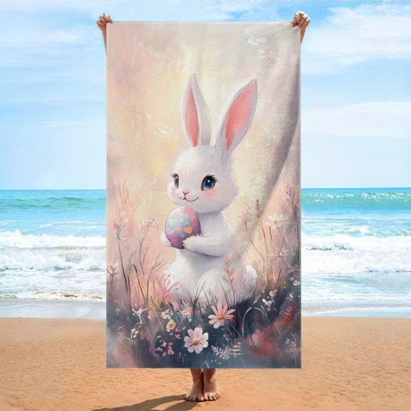 

1pc Easter Bunny Beach Bath Towel Cute White Bunny Holding Pastel Egg in Pink Floral field, Soft Microfiber Quick-Dry Oversized W30*H60(CM)