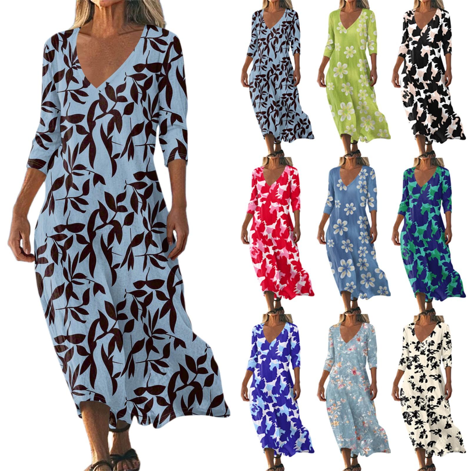 

Dresses For Womens Vintage Print Tunic Waisted Midi Dress Summer Casual 3/4 Sleeve Dress XXL