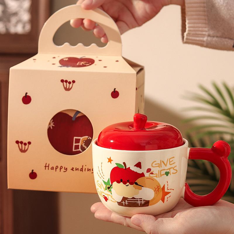 Apple High-value Water Cup Girls Ceramic Mug with Lid Christmas Coffee Breakfast Cup Birthday Gift Souvenir