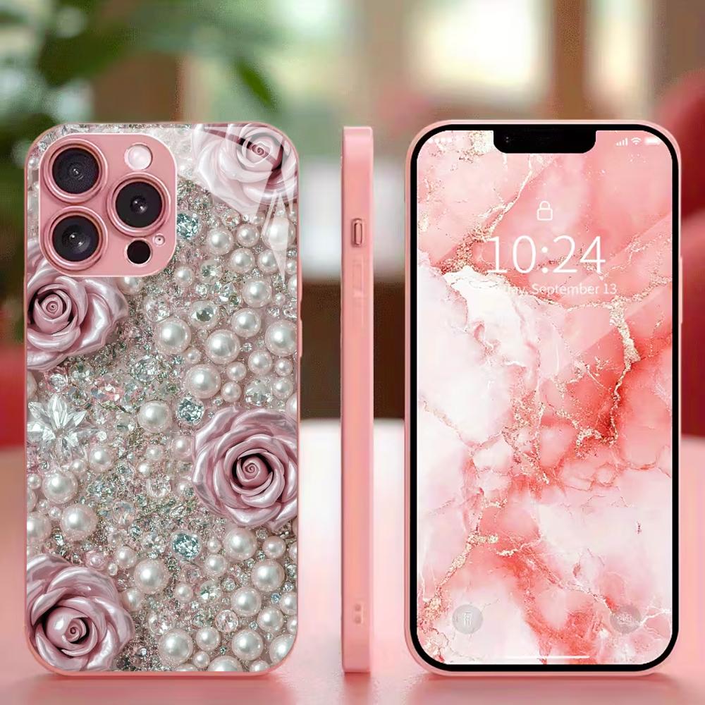 Pearls and Flowers Phone Case High-end Phone Case Electroplated Glass TPU PhoneCase for iPhone 17 16 15 14 13 12 11pm Pro Plus