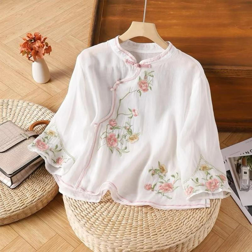 Blusa da Donna in Cotone e Lino Stile Etnico Cinese Ricamata Retro Abbottonatura Diagonale Fibbia Maniche a Tre Quarti Letteraria e Artistica