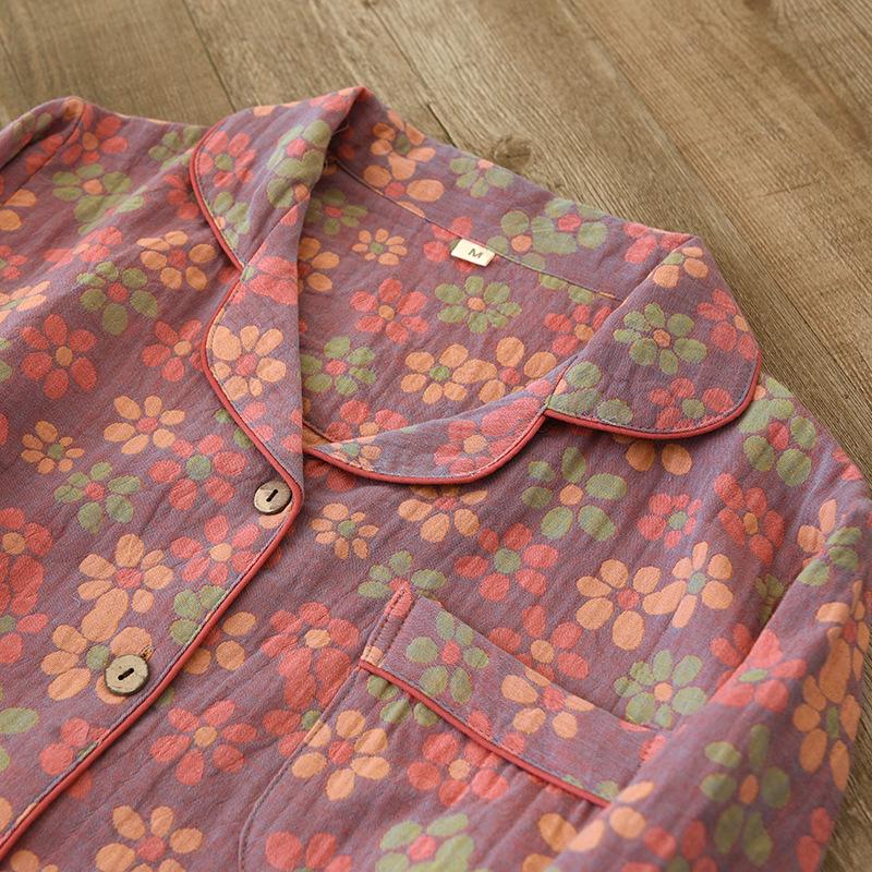 Pijamale de damă cu imprimeu floral etnic - Mânecă lungă, Bumbac pur, Gaze dublu strat, pentru Primăvară și Toamnă - Perfecte pentru femei de vârstă mijlocie și vârstnice.