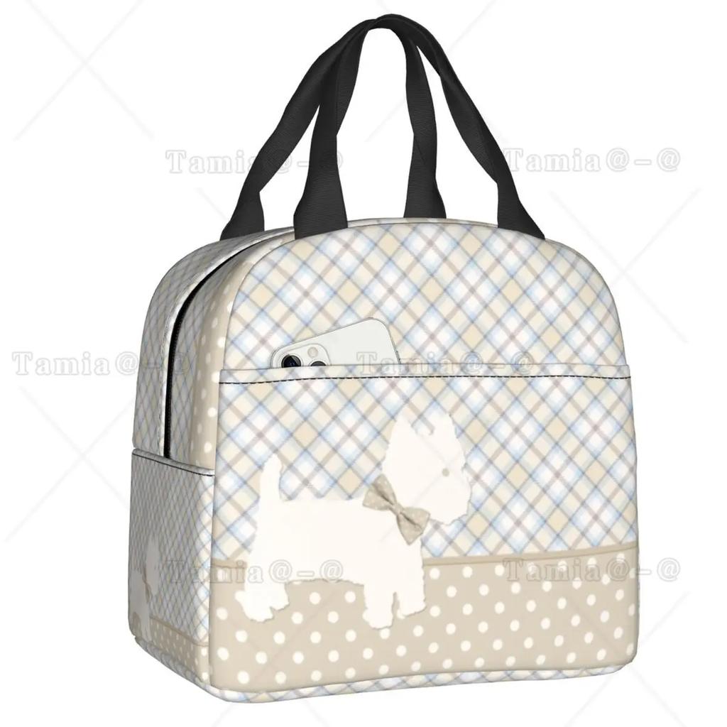 Westies Polka Dot Cartoon Pattern Insulated Lunch Bag Leakproof West Highland White Terrier Dog Thermal Cooler Lunch Tote Kids