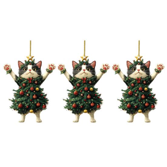 Weihnachtskatze im Weihnachtsbaum Acryl Hängeornament 2D Flach Auto Rückspiegel Anhänger Weihnachtsgeschenke für Katzenliebhaber