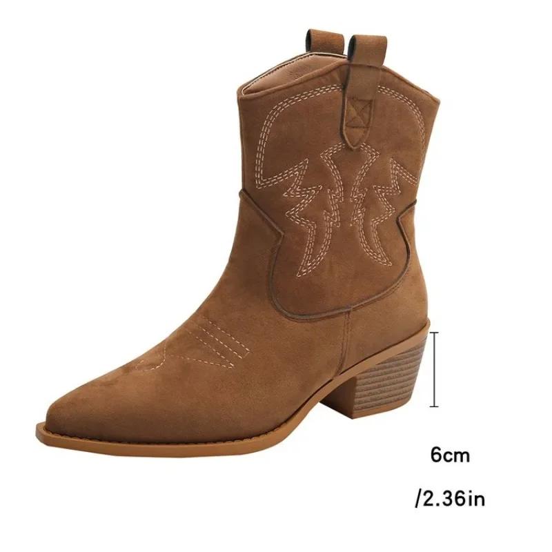 Women's Genuine Leather Pointed Toe Cowboy Boots Handmade Western Retro Short Ankle Boots Spike Heel Autumn Winter