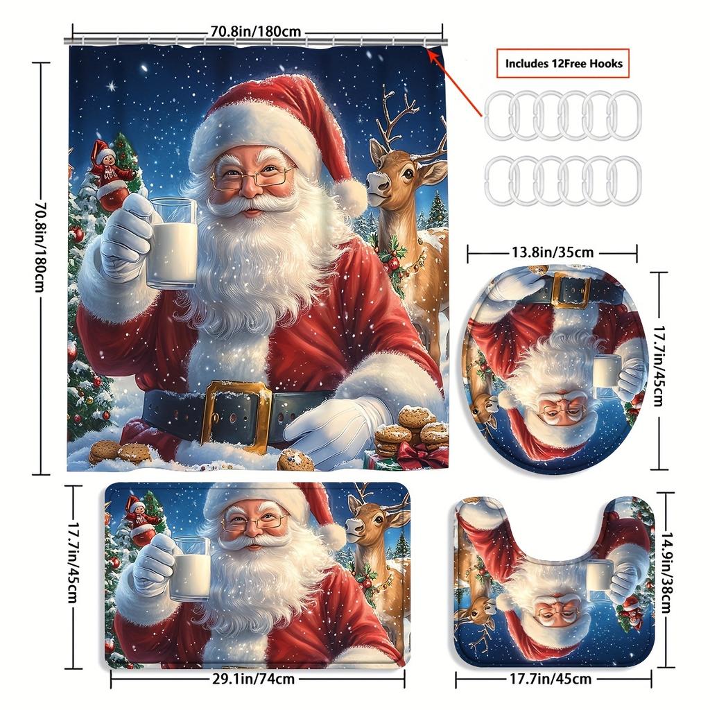 4-teiliges Weihnachtsmann-Duschvorhang-Set mit rutschfester Badematte, Toilettendeckelbezug, Kontur-Teppich & 12 Haken, Badezimmerdekoration