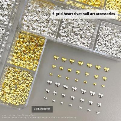 6Grids Mixed Love Rivet Gold And Silver Nail Charms Metal Nail Decor Nail Salon Manicure Accessories