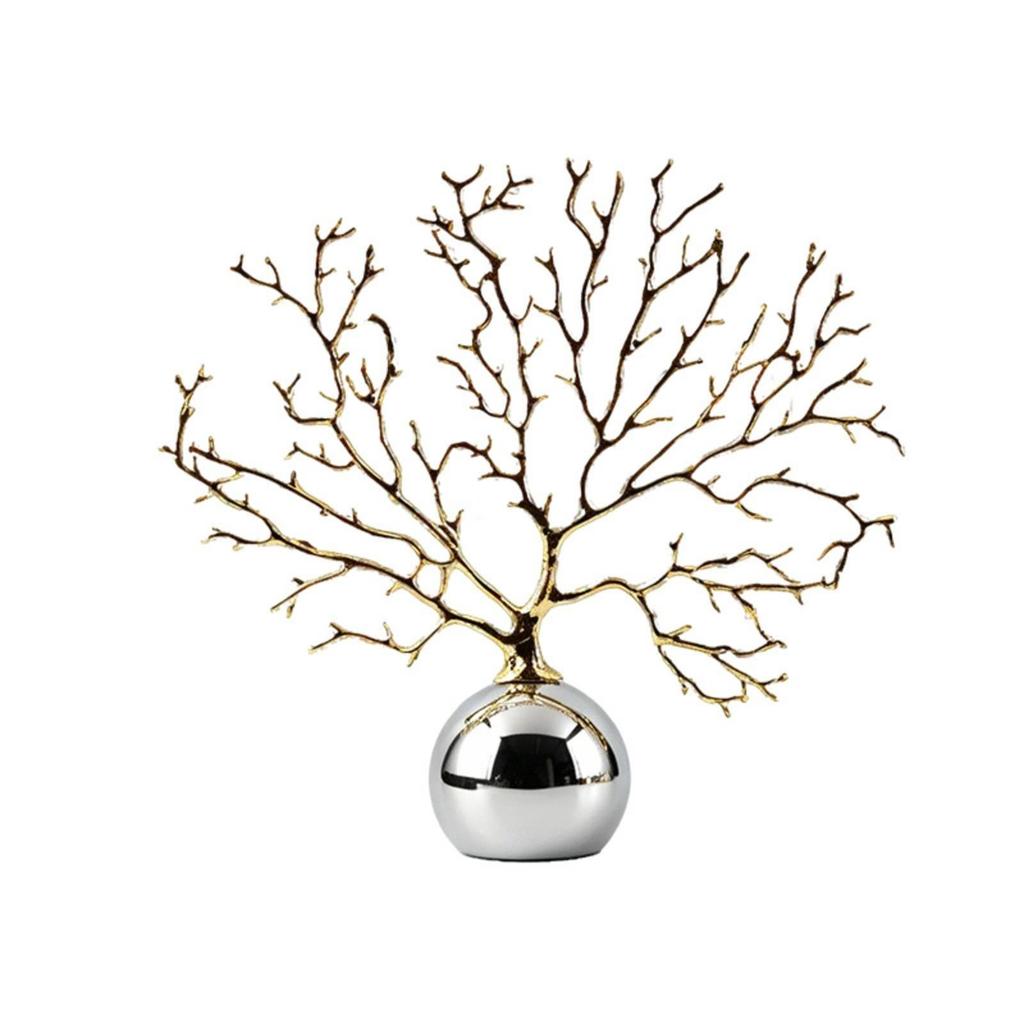 Metal Branch Sculpture Reflective Tree Decor with Silver Base Modern