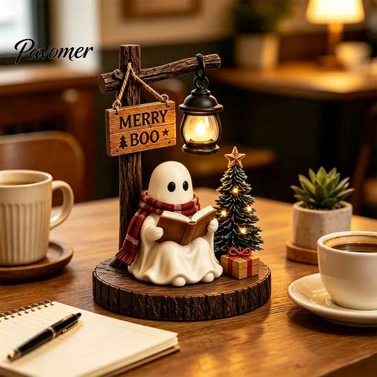 Healing Ghost Figurines Halloween Figurine, Vintage Cozy Reading Book/Walking Dog Statue with Lantern, Autumn Harvest Decorations Light Up Spooky
