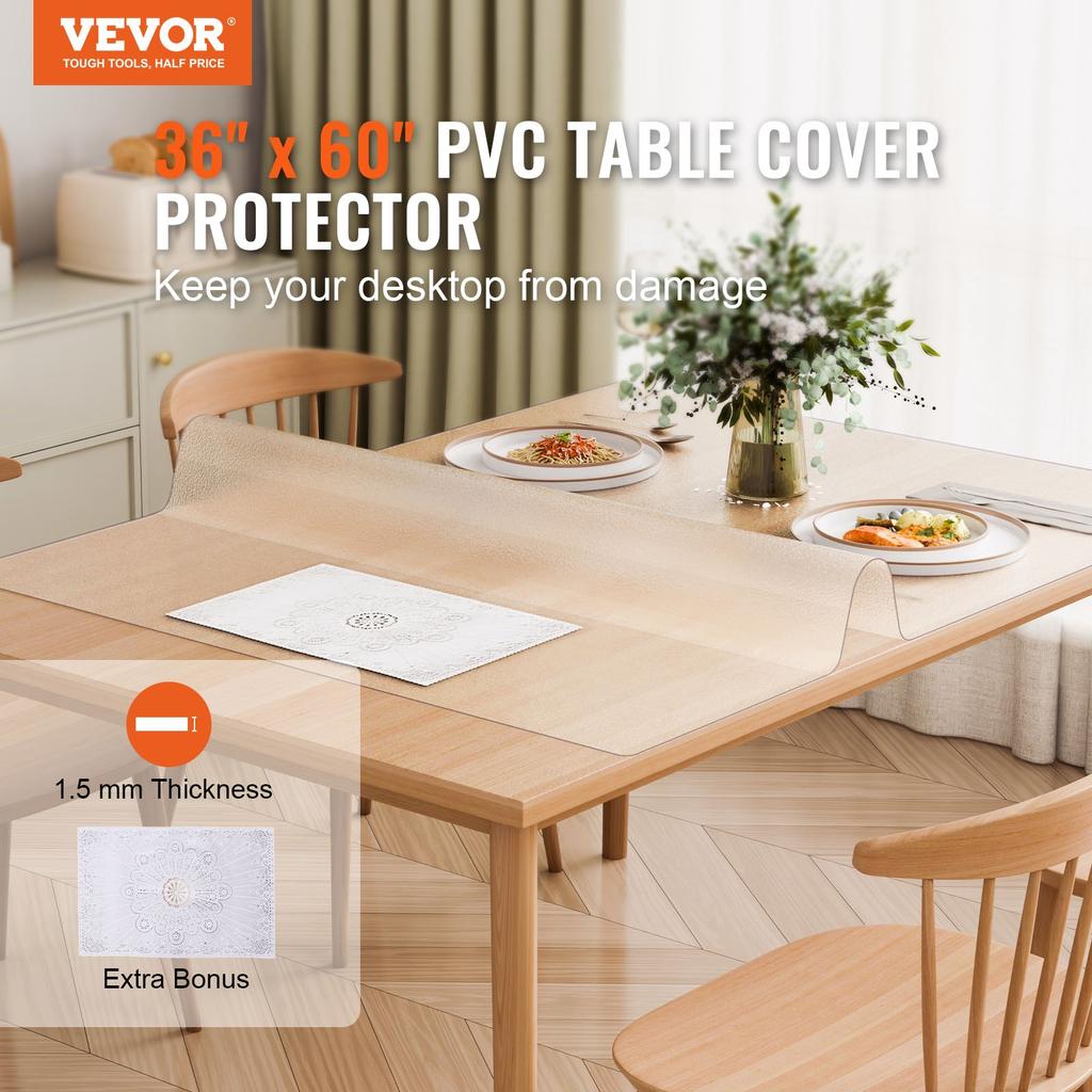 VEVOR Plastic Table Cover, 36 x 60 Inch 1.5 mm Thick Frosted Table Protector, Rectangle PVC Desk Mat