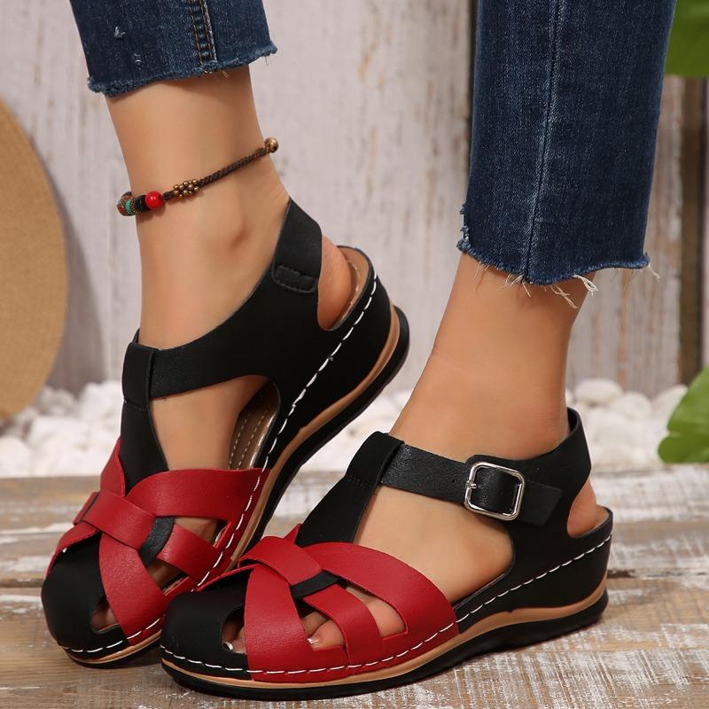 Women's Summer Platform Sandals with Adjustable Hook-and-Loop Thick Cushioned Sole & Red Straps - Black Casual Shoes for Casual Attire Comfortab