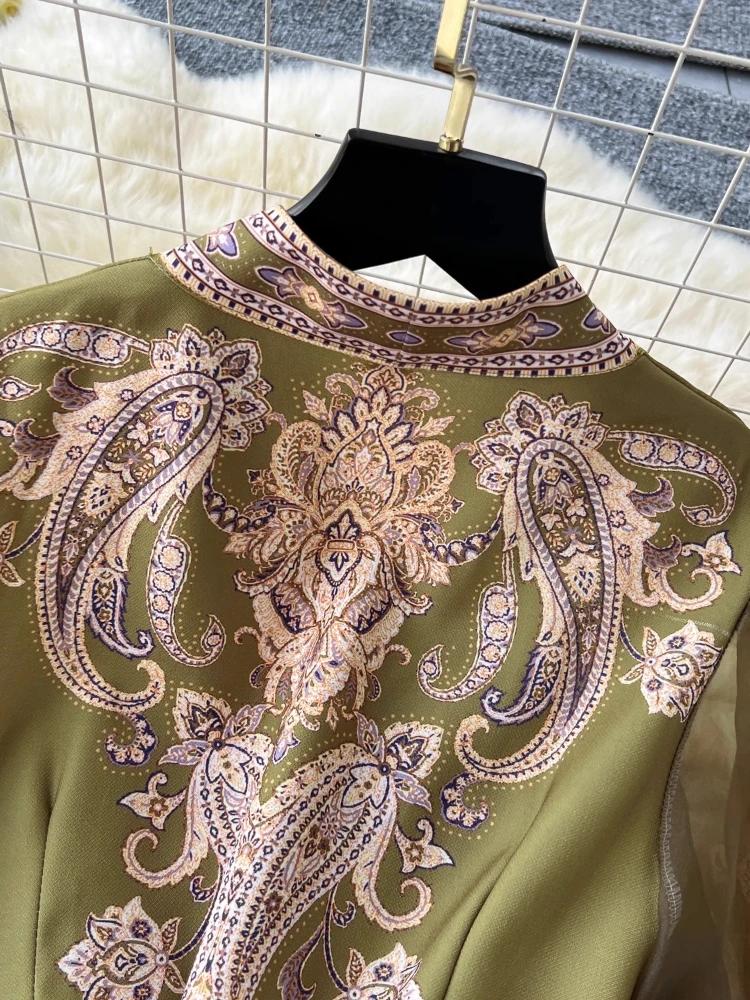 Herbst Paisley Print Bandage Wrap Abendkleid Frauen Laterne Ärmel Party Langes Kleid Weibliche Y2k Patchwork Dicken Satin Ballkleid