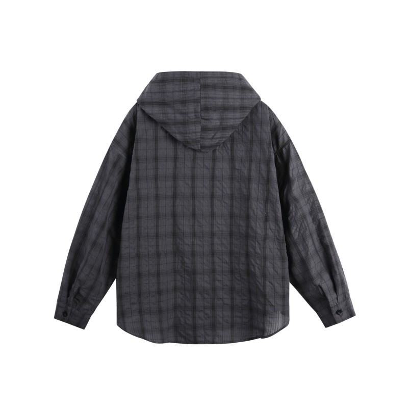 Men's Plaid Hooded Long Sleeve Shirt Autumn Thin Cardigan Sunscreen Shirt
