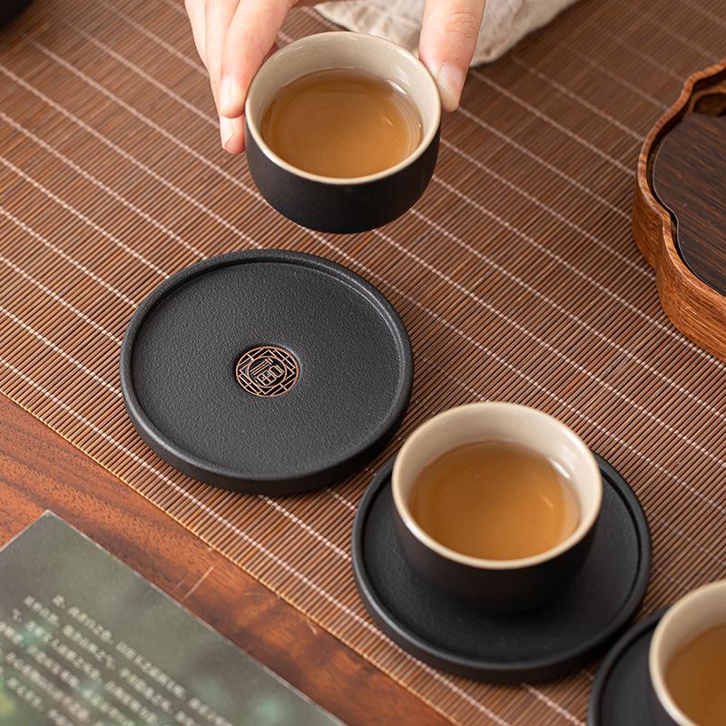 Black Pottery Fu Character Coaster Ceramic Teacup Pad Kung Fu Tea Set Accessories Anti-scalding and Heat Insulation Teacup Holder Retro