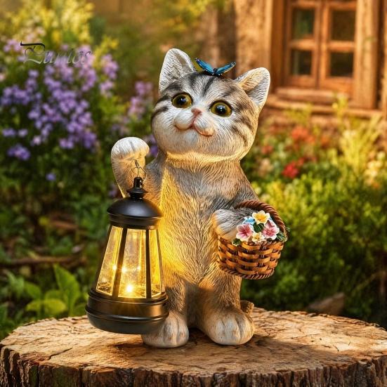 Solar Balkon Dekoration Katze Gartenstatue, Harz Outdoor Getigerte Deko mit Auto LED Terrassenlicht, IP65 Wasserdicht Rasenornament für Terrasse, Geschenk Liebhaber