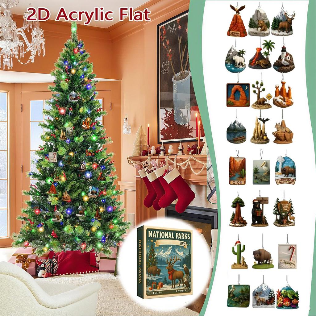 Christmas Ornament Countdown Cute Acrylic Calendars with 2D Flat Figures Toys 24 Day Festive Decor with National Parks Themes