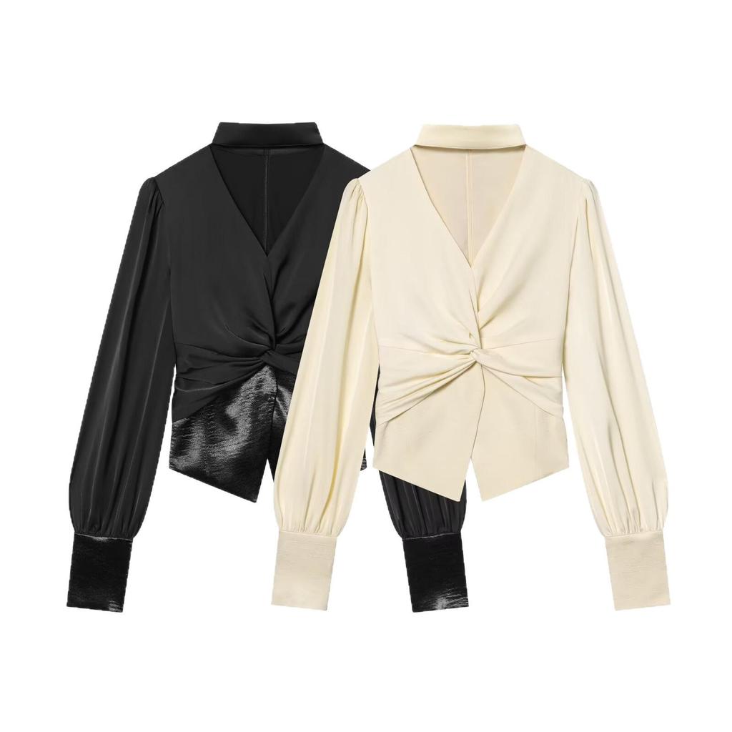 European-American Women's Fashion V-neck Halter Waist-Cinching Patchwork Long-Sleeve Shirt