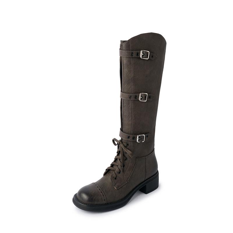 Long Boots Women'S Catwalk Knight Boots Autumn Square Head Thick Heel High Tube Retro Belt Buckle Lace-Up Boots