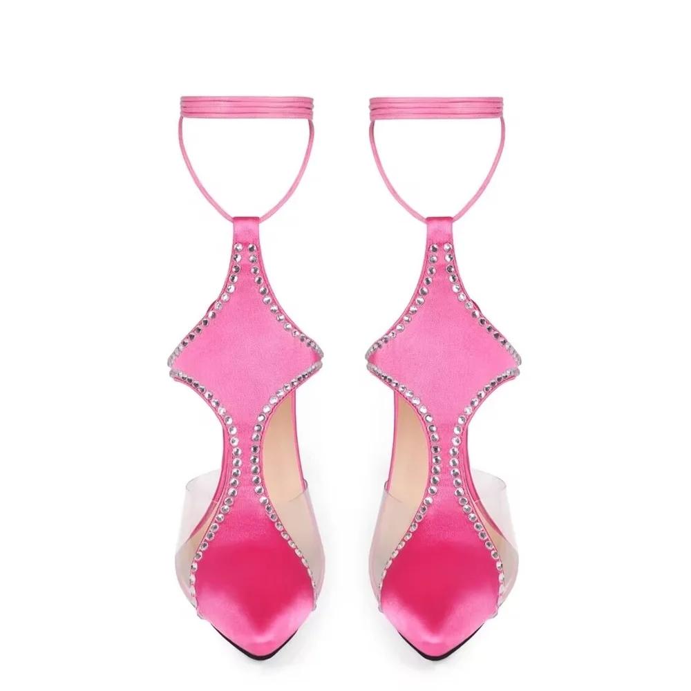 2025 Summer New Women Sandals Pink Satin Clear Pvc Crystal Bling Bling Thin High Heels Slingback Ankle Strap Sandals