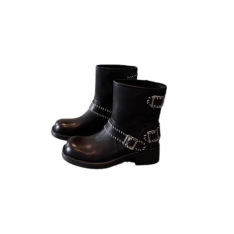 Grape mother of the same style, retro polished belt buckle, old thick heel locomotive British style short boots, new women's leather
