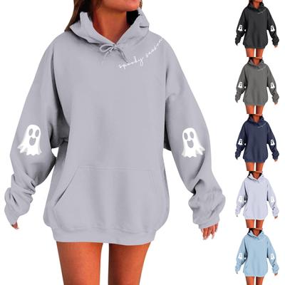 Women's Solid Color Long Sleeve Casual Halloween Print Pullover Hooded Sweatshirt