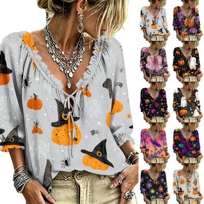 Women's Halloween Print Ruffle V-Neck Blouse with Tie Front for Party Costume