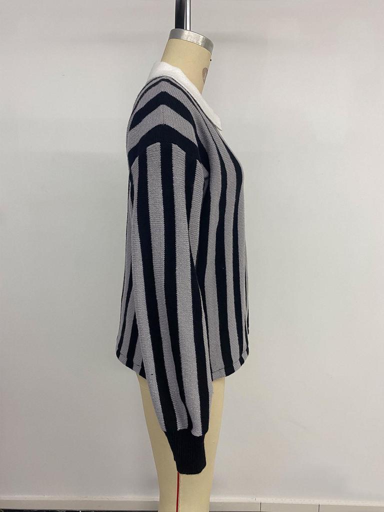 2025 Autumn/Winter Women's Retro Striped Knit Sweater with Lapel