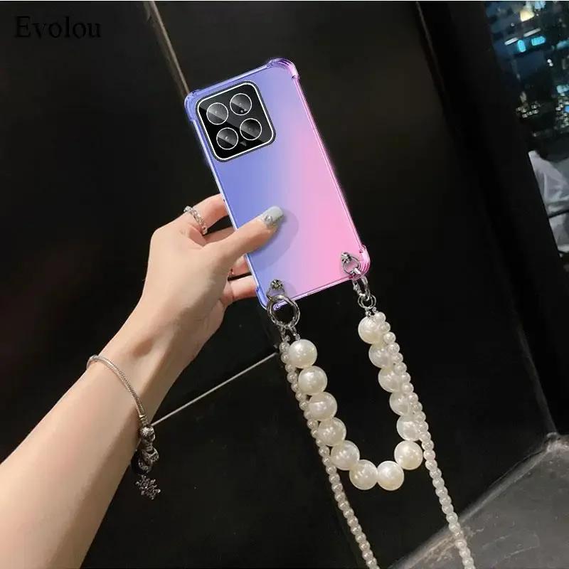 Pearl Chain Crossbody Lanyard Case For Xiaomi POCO X7 Pro X 7 X7Pro Rainbow Gradient Soft TPU Shockproof Cover For Redmi Turbo 4