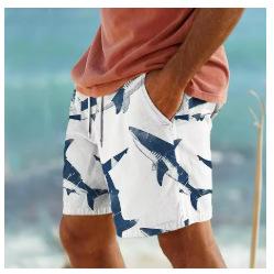 Hawaiian Men s 3D Shark Print Beach Shorts, Casual Sports Shorts, Men s Shorts S