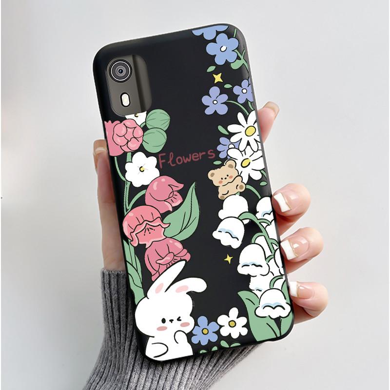 For Nokia C02 Phone Case Cute Funny Love Rabbit Animal Black Matte Soft TPU Protective Back Cover for Nokia C2 2nd Edition Case