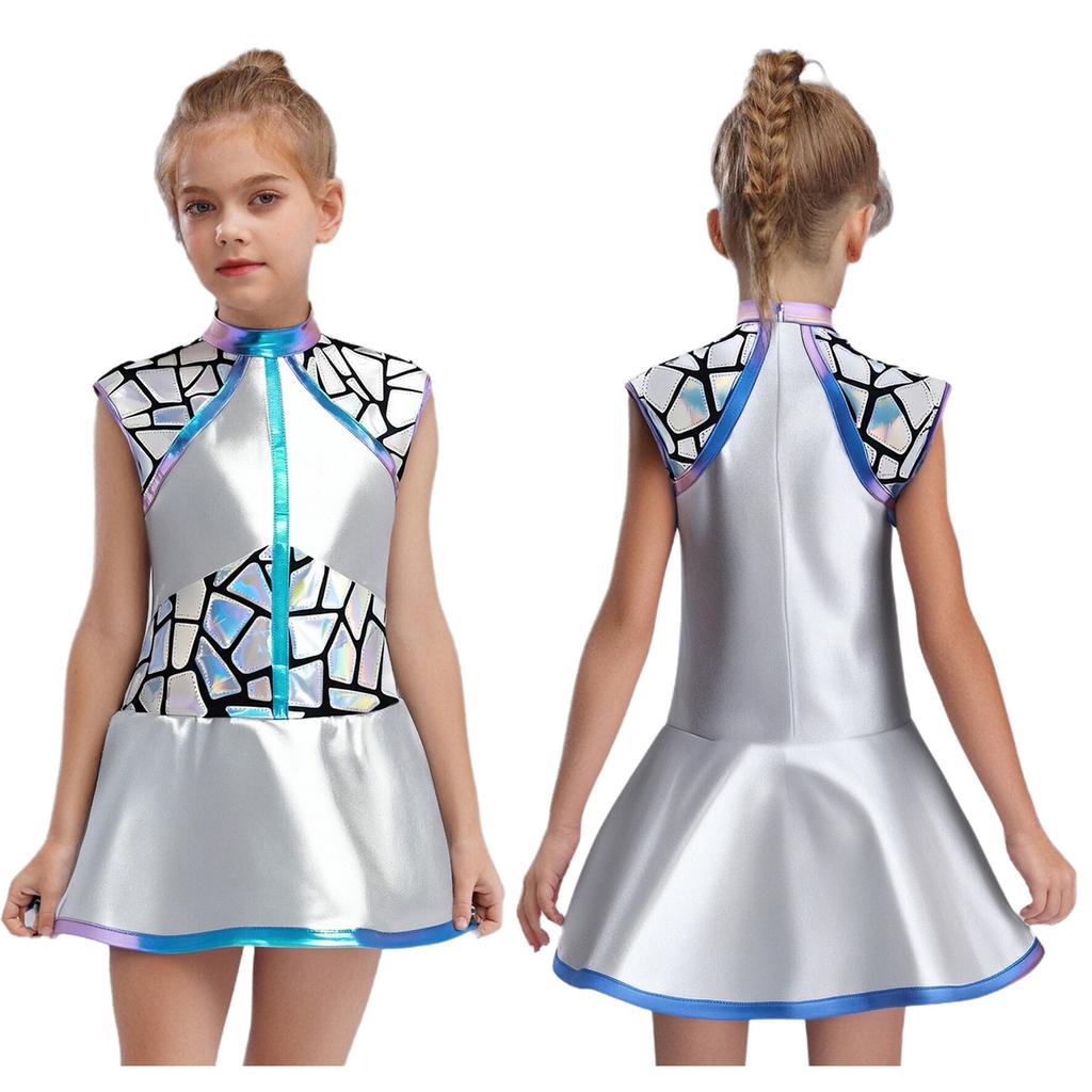 Girls Shiny Metallic Alien Costume - Sleeveless Sequins Dress with Back Zip, Outer Space Cutie Halloween & Anime Cosplay