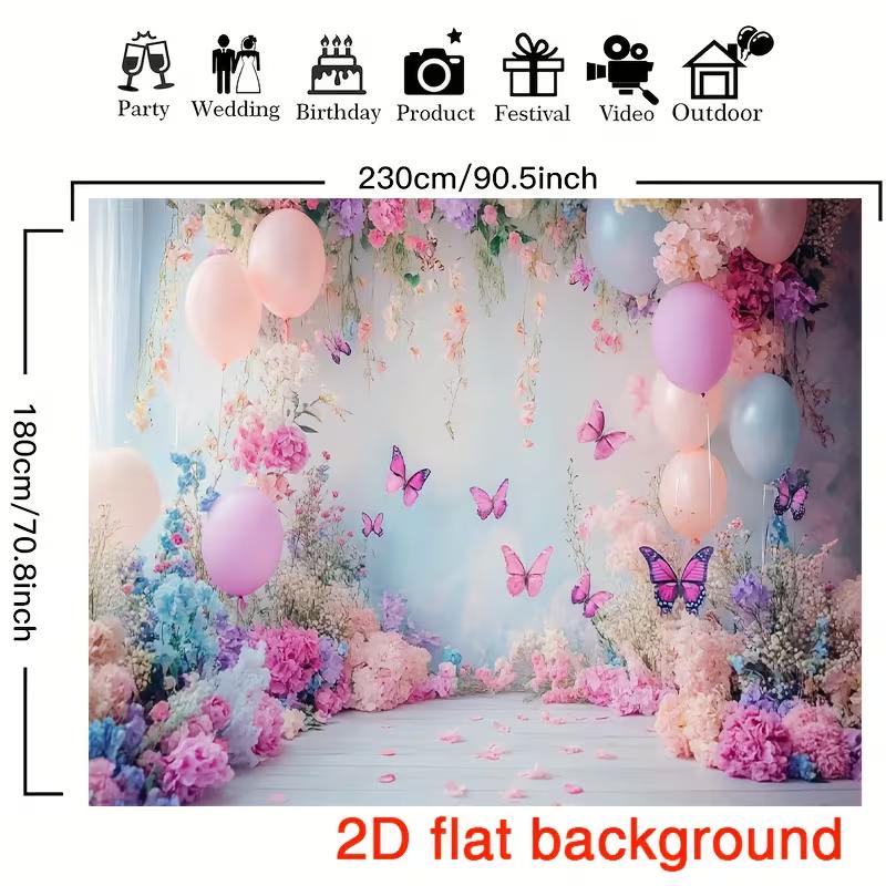 2D Girls Party Backdrop, Dreamy Floral Garden with Balloons Background for Birthday Shoots