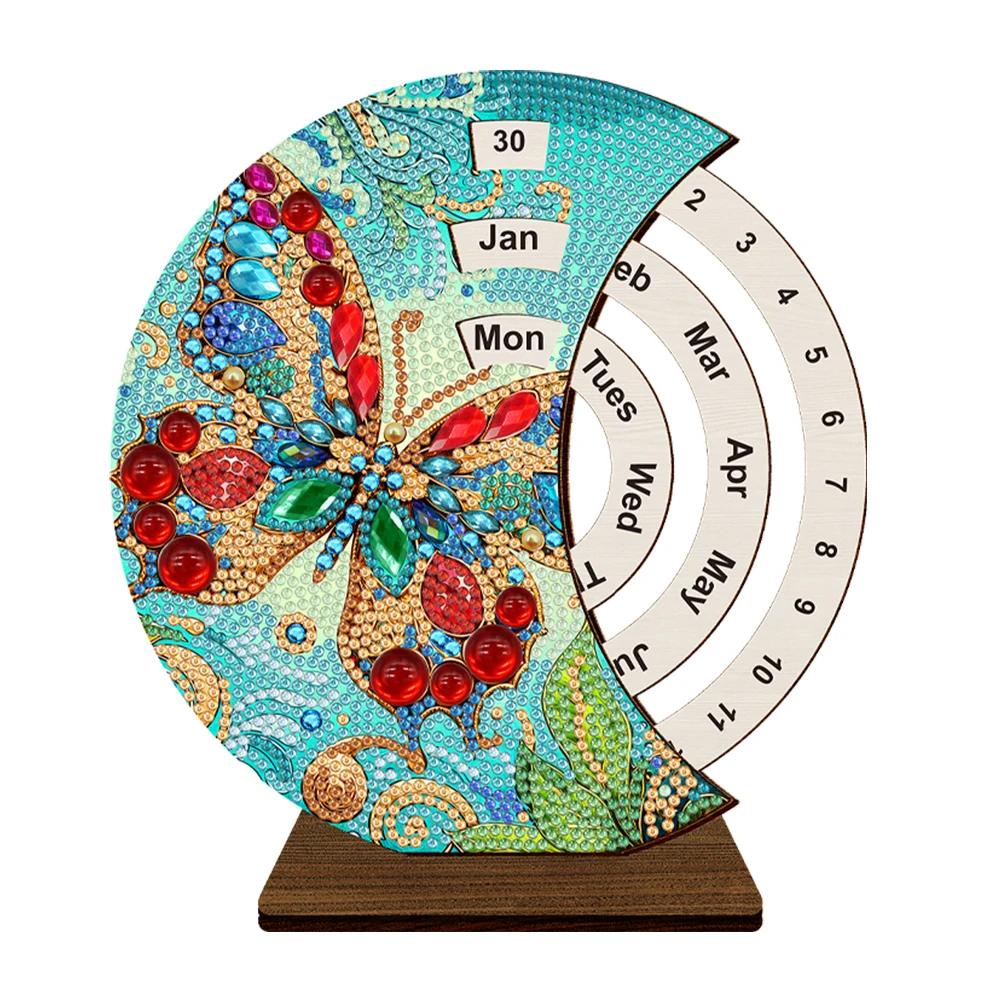 Wooden Special Shaped DIY Diamond Painting Moon Perpetual Calendar Diamond Handmade Rotating Calendar Desk Decor for Beginners
