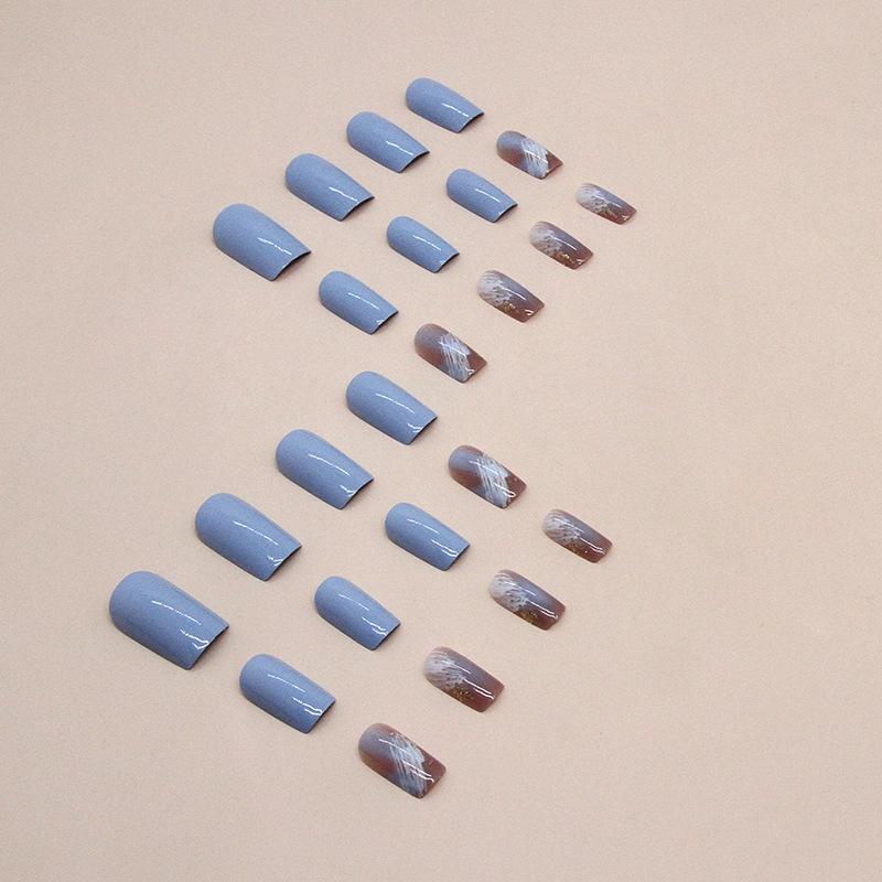 Temperament is simple and white, blue manicure, European, American medium and long square fake nail products, wearing nail mixed batch