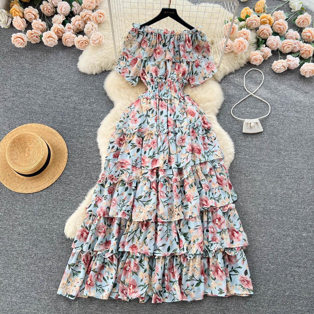 Summer French One Line Neck Fragmented Flower Dress Pleated Waist Wrapped High Grade Sweet Dress