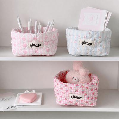 Large Capacity Desktop Storage Basket Floral Strawberry Print Fabric Storage Bin  Stationery
