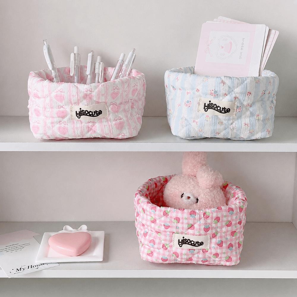 Quilted Fabric Desktop Storage Basket Large Capacity Fabric Storage Bin Cosmetics