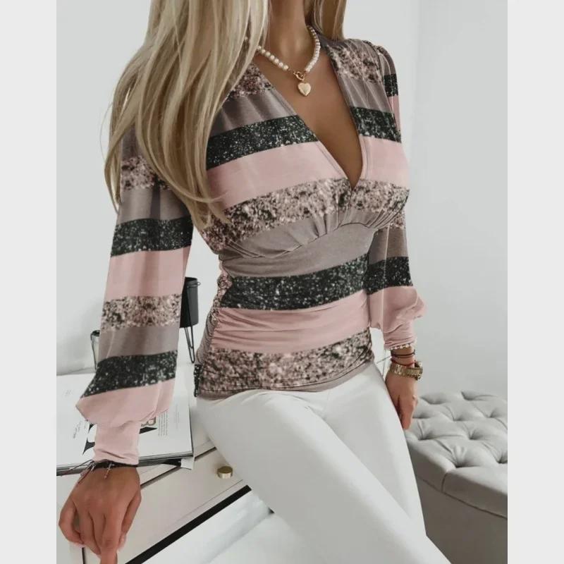 Dámská módní halenka s výstřihem do V a potiskem, s dlouhým rukávem, podzim 2023